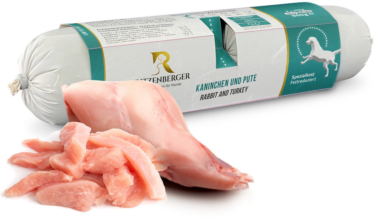 Ritzenberger Ritzenberger dieet Konijn en Kalkoen gestoomde worst. 24 x 400 gram (doos 12 rollen, 9,6 kilo totaal)