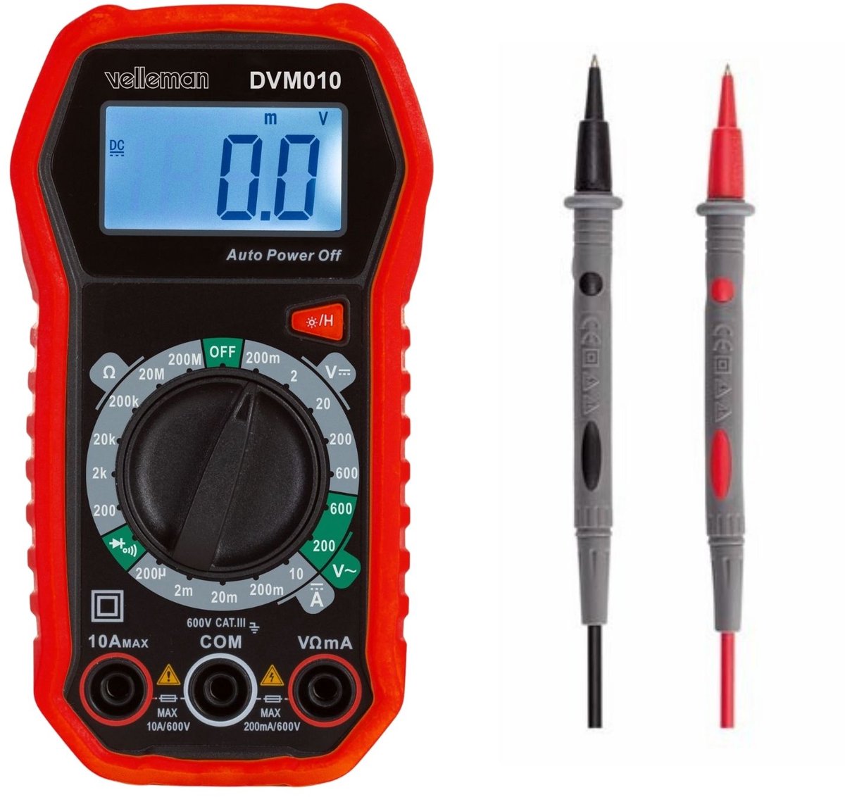 Velleman Digitale multimeter, geschikt voor het meten van AC/DC-stroom, AC/DC-spanning, weerstand, transistor, diodes en continuïteit, inclusief meetsnoeren