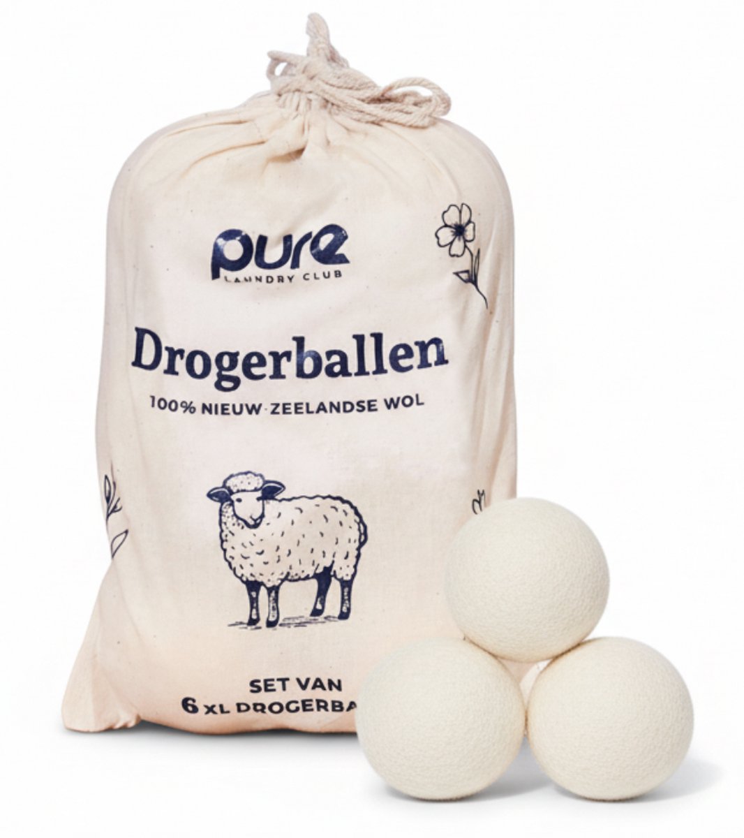 Pure Laundry Club Drogerballen - Set van 6 XL Wasdrogerballen - 100% Nieuw-Zeelandse Wol - Handgemaakt in Nepal - Inclusief Katoenen Opbergzak