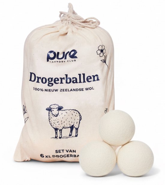 Boules de séchage Pure Laundry Club - Set de 6 boules de séchage XL - 100 % laine de Nouvelle-Zélande - Handgemaakt au Népal - Comprend un sac de rangement en coton