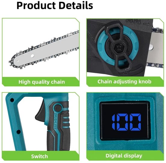 Paco Goederen® Borstelloze Elektrische Kettingzaag - Voor Bomen, Tuin & Terras - LED Display - 12 Inch Borstelloze Elektrische Zaag - Draadloze Draagbare Tuin Houtbewerking - inclusief Batterij -18V van Paco Goederen — afbeelding 2