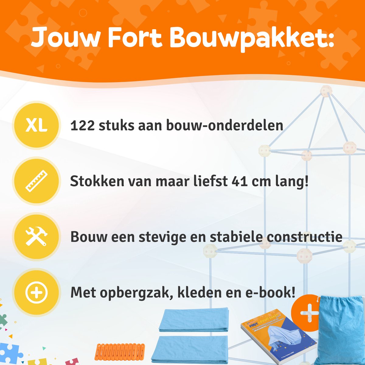 Fort Bouwpakket XL + Kleden & Knijpers - 122 Onderdelen - Incl. Opbergzak & E-book - Speeltent - Educatief Speelgoed - Bouwspeelgoed - Hut Bouwen — afbeelding 3