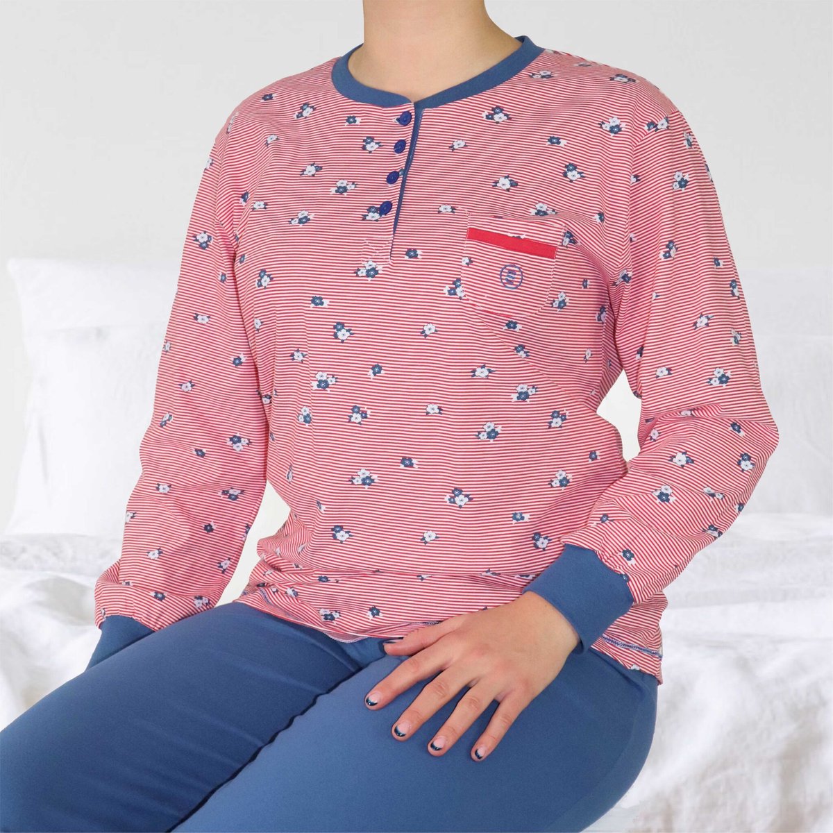 Irresistible Dames Pyjama - Witte Strepen - Katoen - Blauw