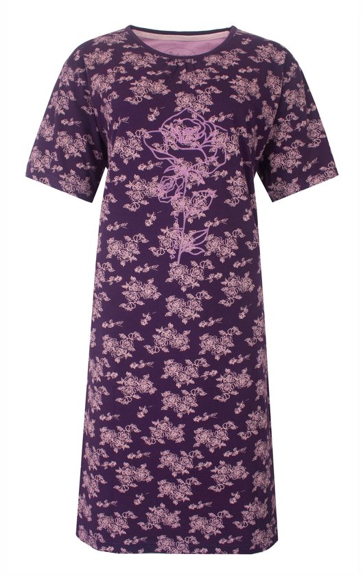 Donkerpaars nachthemd met korte mouwen en all-over roze rozenprint, met een grotere roos op de borst.