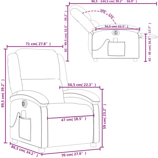 Afmetingen van een donkergroene fauteuil met massagefunctie, inclusief lengte, breedte en hoogte.