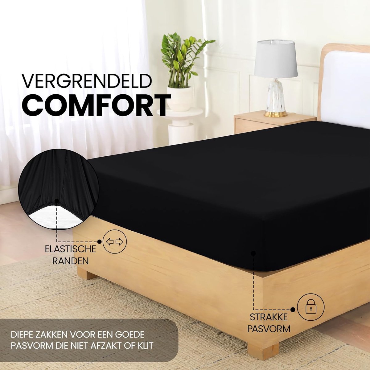 Azalia Onderlaken, 180 x 200 cm, dik matras, geborsteld microvezel-polyester, bed van 180 cm, zwart