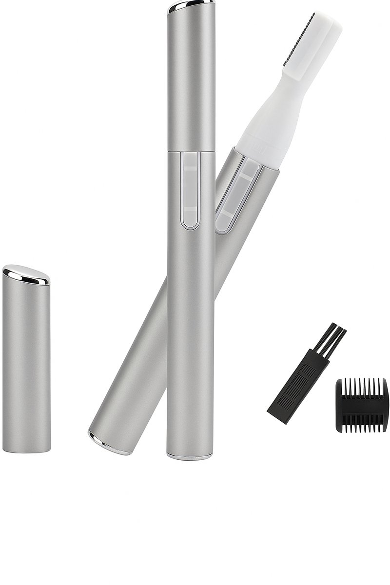 Precisietrimmer voor gezicht, wenkbrauwen & neushaar – Draadloos – Inclusief opzetstuk & reinigingsborsteltje – Unisex - Met Batterij - zilverkleurig