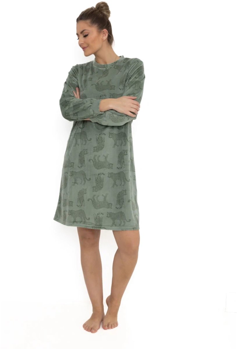 Cocodream Quality Cocodream dames nachthemd - velours fleece - Panter - groen Groen, panter
