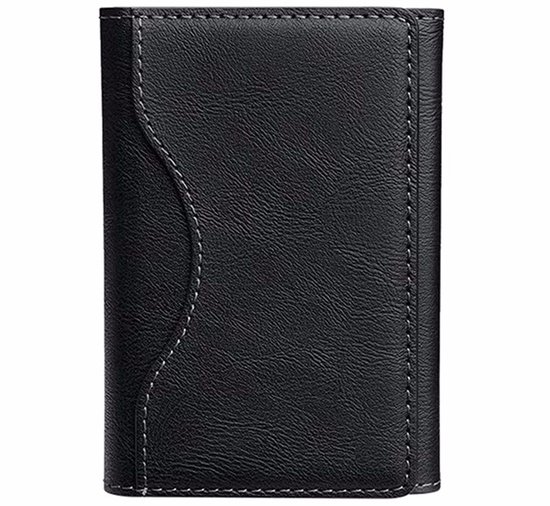 Zwarte portemonnee met stiksels en een gebogen flap.