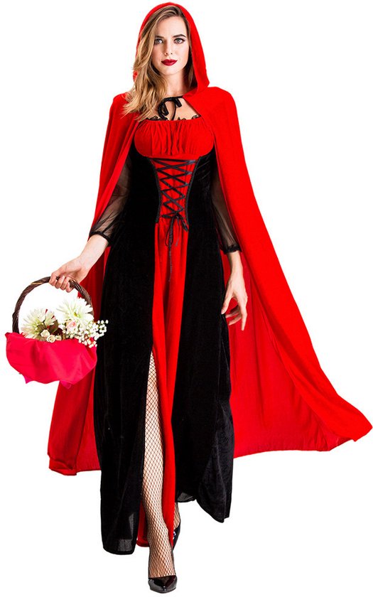 Joya Kids® Roodkapje Verkleedjurk Dames | Fluwelen Kostuum Met Cape & Capuchon | Halloween Carnaval Verkleed Kostuum Vrouw | Verkleden Volwassenen | Maat M