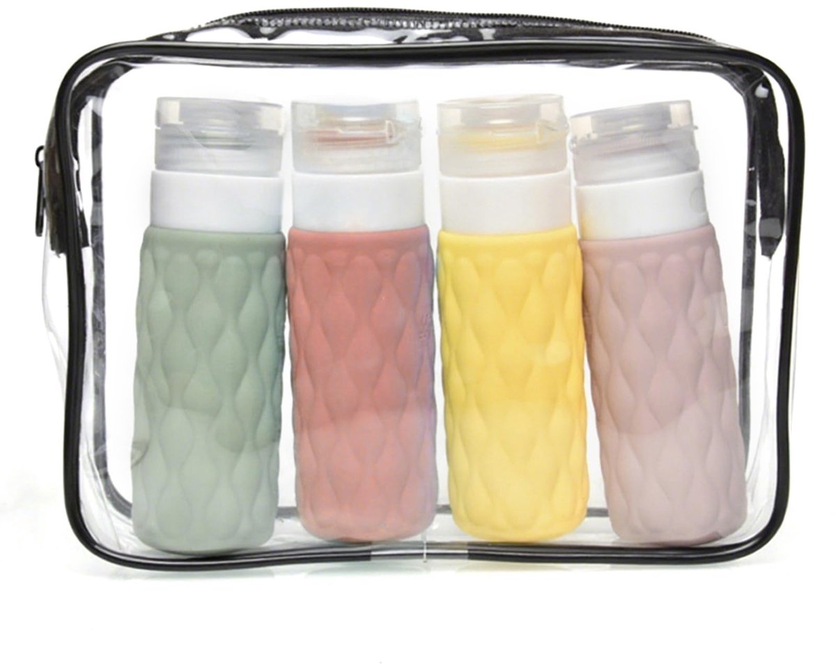 Image of 100 ml reistoiletfles, lekvrije navulbare knijpcontainer, essentiële reisbenodigdheden voor de vakantie met label en doorzichtige zak, perfect voor shampoo en conditioner