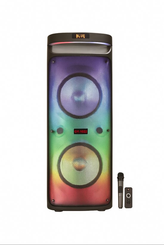 Bluetooth speaker 50W met LED-verlichting, USB, AUX, 2 microfoon ingangen, draagbaar, karaoke