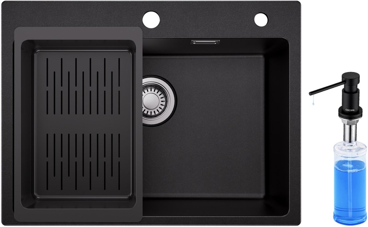 Sofetiy MAX Granieten spoelbakken (60x45 cm) - Spoelbak Met Zeepdispenser(300ML) - Spoelbak Keuken Zwart - Wasbak Keuken Met Waterafvoersysteem en Afdruiprek