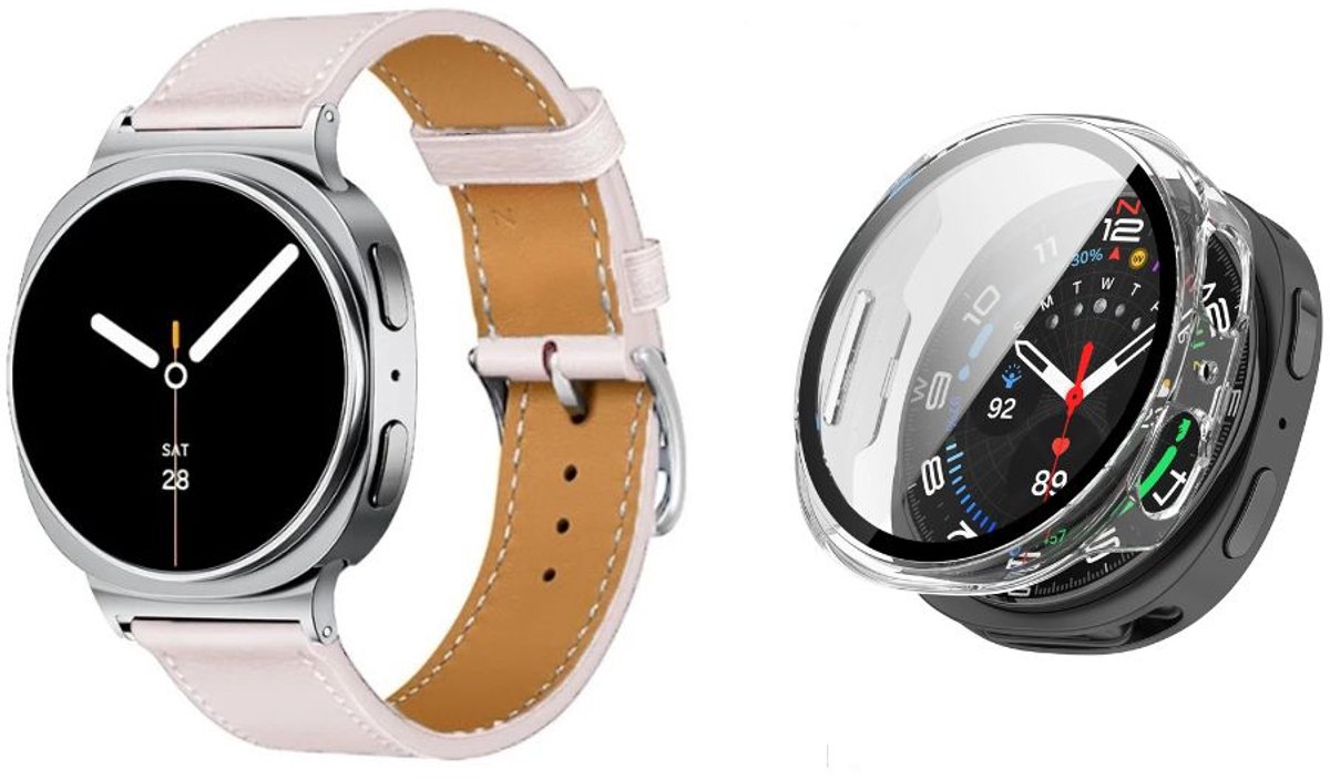 Strap-it Bundel – Leren Smartwatch Band met Gespsluiting (Roze) + Hard Case met Screenprotector Glas (Transparant) geschikt voor Samsung Galaxy Watch 8 (44mm)