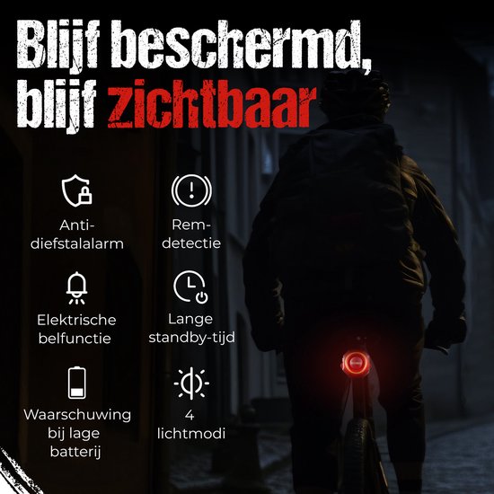 Fietser met zwart alarm met rode lichtring, met icoons voor anti-diefstal, remdetectie, bel en batterij.