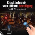 Zwarte afstandsbediening met ontgrendel-, vergrendel- en fietszoekfunctie, naast een fietsalarm.