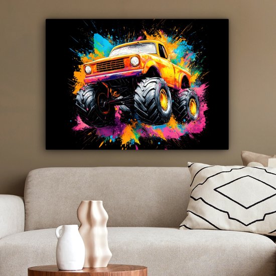 Canvas schilderij 80x60 cm - Wanddecoratie Graffiti - Auto - Monstertruck – Kleurrijk - Muurdecoratie woonkamer - Slaapkamer decoratie - Kamer accessoires - Schilderijen op canvas