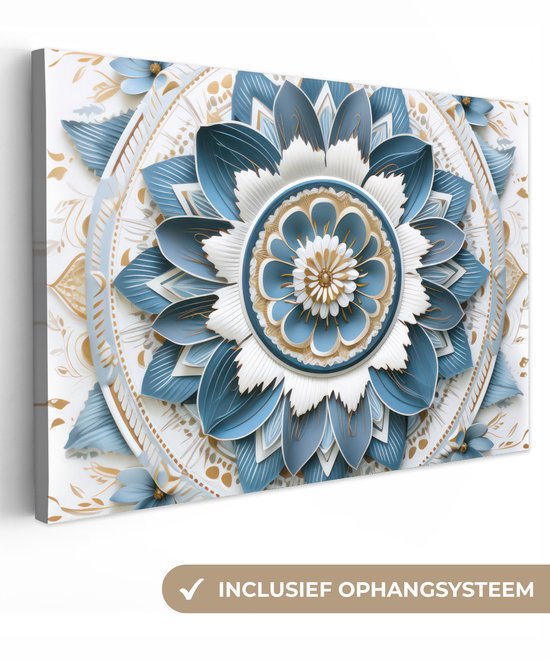 Tableau toile Mandala - Blauw - blanc - Or - 150x100 cm - Décoration murale