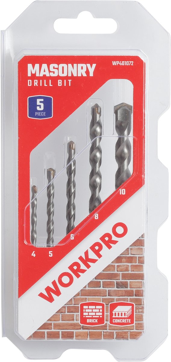 WORKPRO WP401072 Betonborenset 5-delig – Ø4/5/6/8/10 mm – TCT Wolfraamcarbide – Voor Beton, Baksteen & Metselwerk