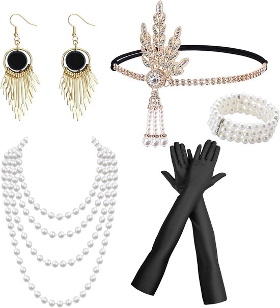 5-delige accessoireset voor dames - Great Gatsby thema - Zwart en strass - Inclusief handschoenen en hoofdband