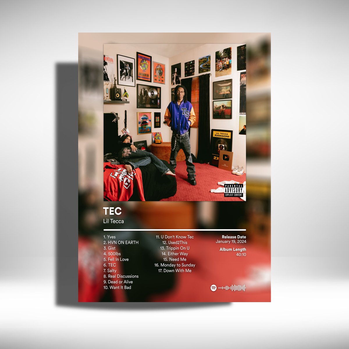 Luxe poster Lil Tecca - TEC - album cover - metalen poster - 30x40cm Rood