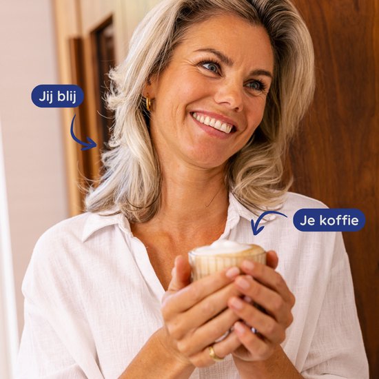 Vrouw met blonde haren die een kop koffie met schuim vasthoudt. "Jij blij" en "Je koffie" tekstballonnen.