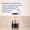 Glazen melkopschuimer met RVS en zwarte basis. Opsomming "Voordelen van glazen kan": "Geen schadelijke teflon stoffen", "Geen aangekoekte melk", "Vaatwasserbestendig", "Gaat lang mee", "Mooi design".