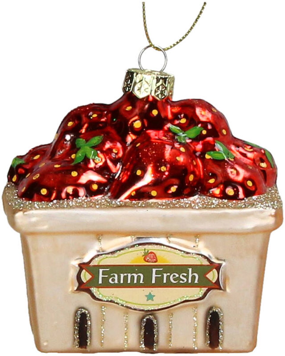 HD Collection Glazen kerst ornament Kersthanger Aardbeien in krat 8.3 cm uit de collectie The Christmas Farm shop Kersthanger Aardbeien in krat 8.3 cm - Rood en groen kerstornament in de vorm van aardbeien in een houten krat.