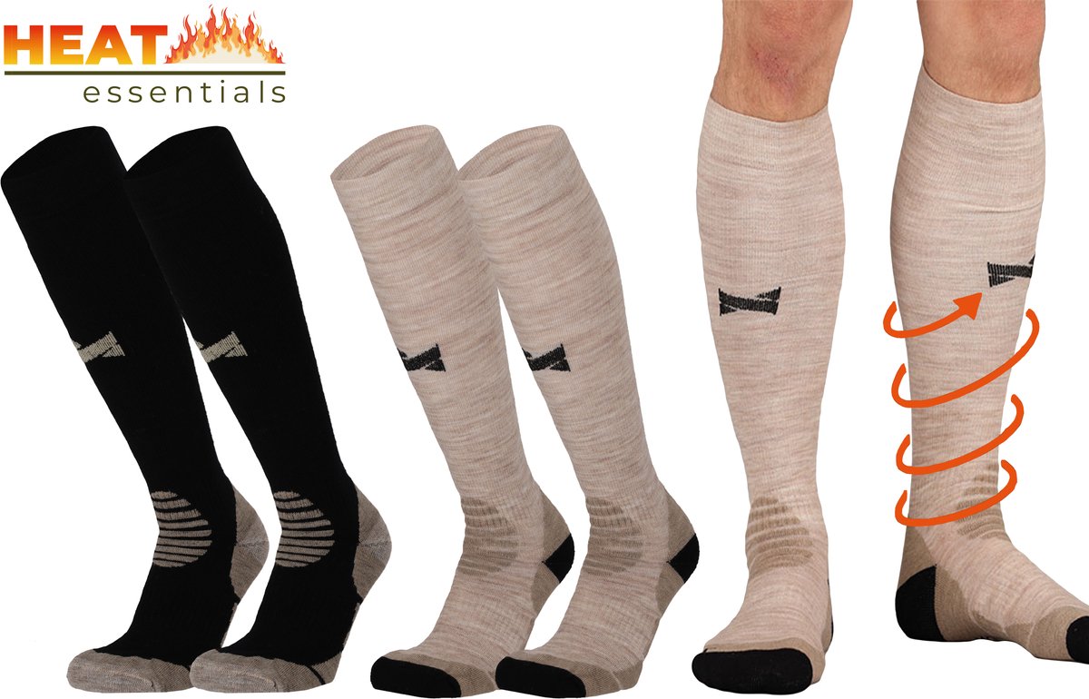Heat Essentials - Merino Wol Sokken - Compressiekousen - 2 Paar - Beige - Maat 39/42 - Wandelsokken - Skisokken -Compressie Sokken