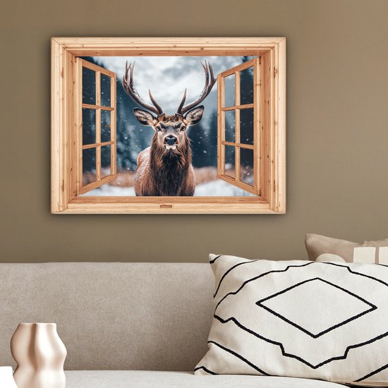 Canvas schilderij 40x30 cm - Wanddecoratie Doorkijk - Hert - Dieren - Winterlandschap - Sneeuw - Muurdecoratie woonkamer - Slaapkamer decoratie - Kamer accessoires - Schilderijen op canvas