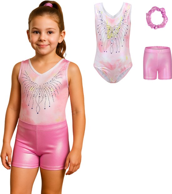 Joya Kids® Turnpakje Meisjes zonder Mouwen met Broekje en Scrunchie | Licht Roze met Wit met Glitters en Strass Steentjes Ballet pakje | Gymnastiekpakje Zomer zonder Mouw | Turnen | Turn Pakje set | Maat 140
