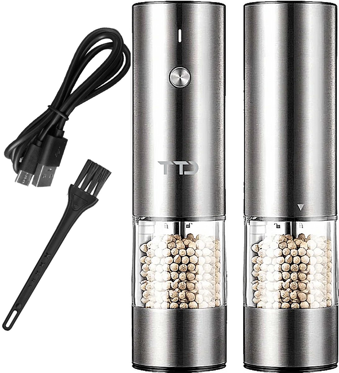 TTD® Premium Zout en Pepermolen Set Elektrisch RVS XXL - 75 ml Capaciteit - USB-oplaadbaar - Peper en Zoutmolen set - Kruidenmolen - Zoutmolen - Pepermolen - Peper en Zoutmolen Oplaadbaar - Verstelbare maalgraad - LED-verlichting - 2 stuks