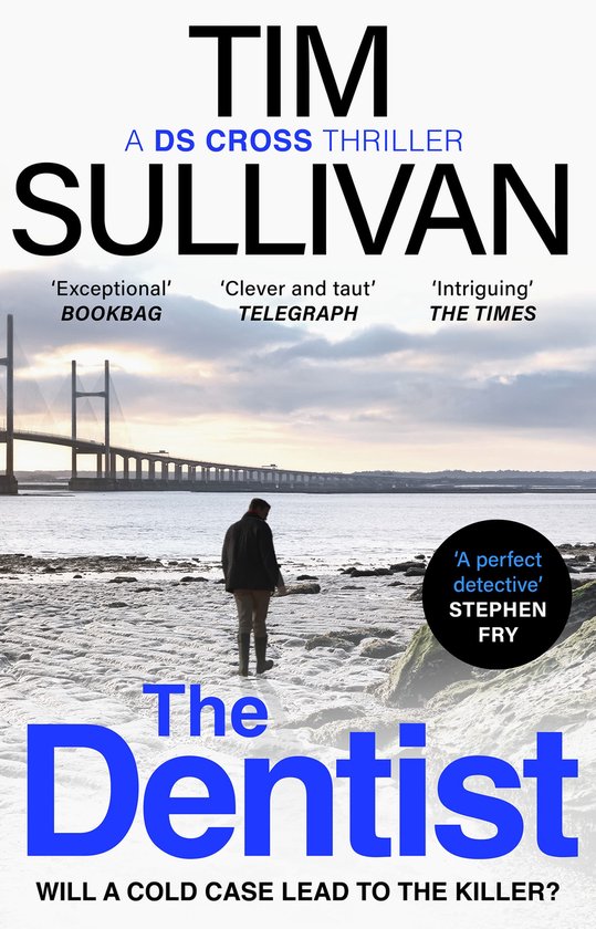 Boekomslag van 'The Dentist' door Tim Sullivan. Een man staat op een winderig strand met een brug in de verte.