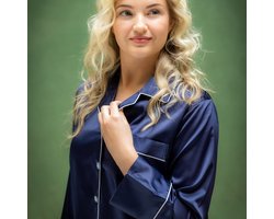 Pyjama satijn dames, donkerblauw, maat L/XL superzacht satijn