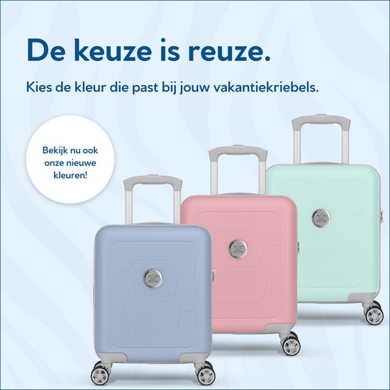 Drie SUITSUIT koffers in pastelblauw, roze en mintgroen. "De keuze is reuze."