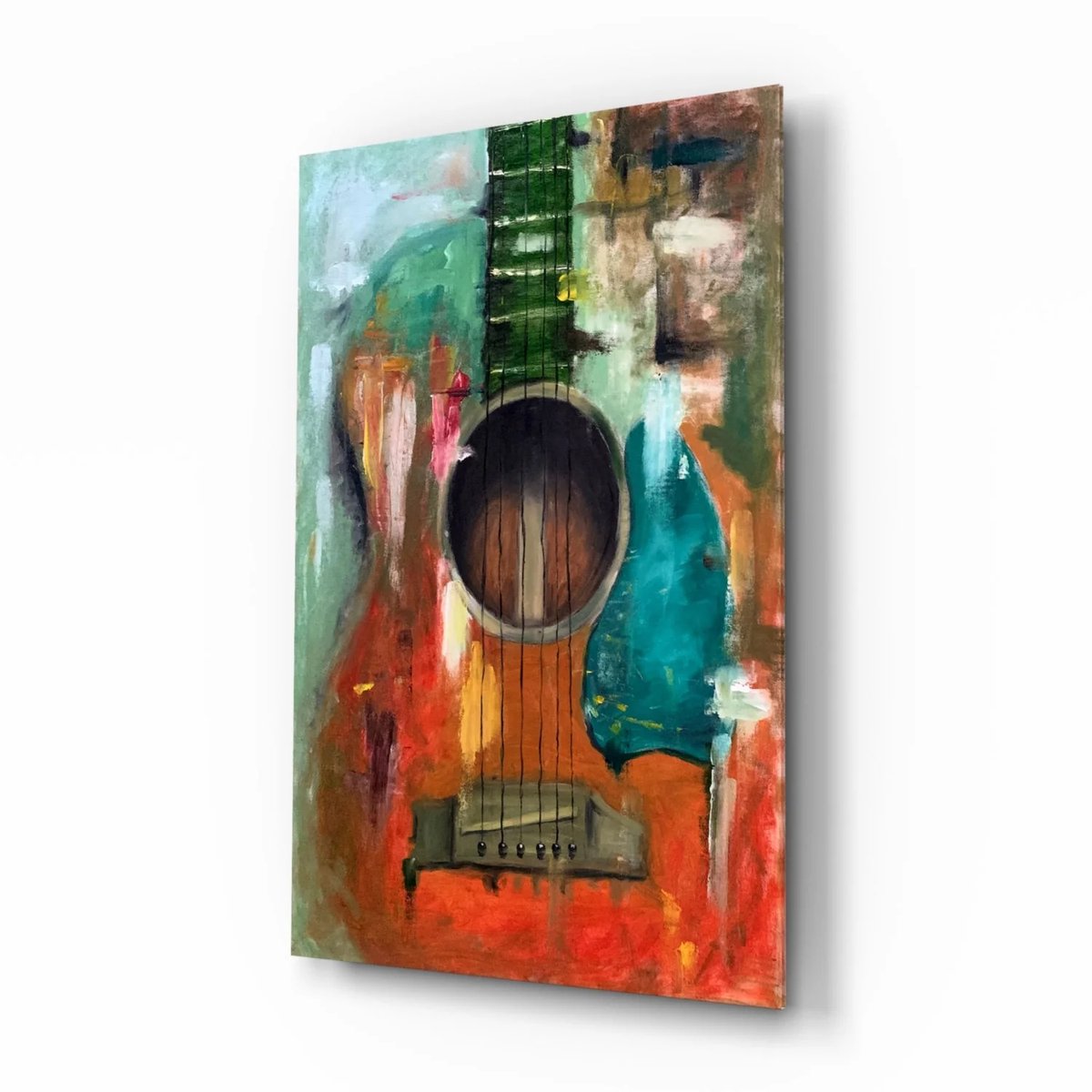 Insigne Art Glasschilderij - Abstracte Gitaar - Kleurrijke Wanddecoratie - 72x46 cm