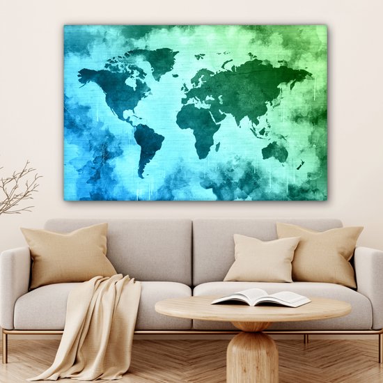 Wereldkaart avec peinture bleue qui passe au vert sur fond avec motif texturé 120x80 cm