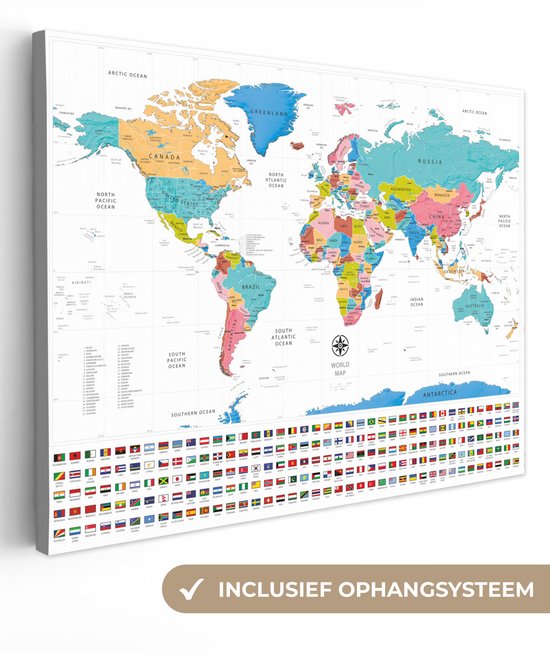 Peintures Toile Wereldkaart - Couleurs - Drapeau - 120x90 cm - Décoration murale