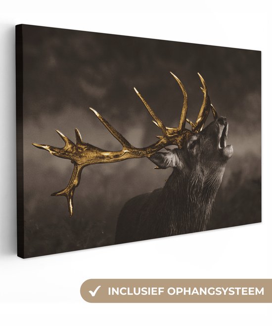 Bois de cerf doré sur une toile sombre. Le texte 'système de suspension inclus' est en bas.