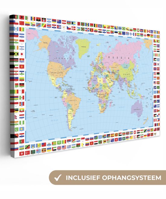 Peintures Toile Wereldkaart - Drapeau - Atlas - 120x80 cm - Décoration murale