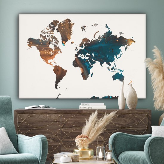 Wereldkaart en peinture bleu foncé et orange sur fond rose 180x120 cm