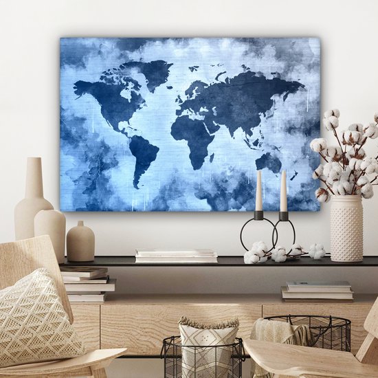 Wereldkaart avec peinture bleue et bleu foncé sur fond avec motif texturé 60x40 cm