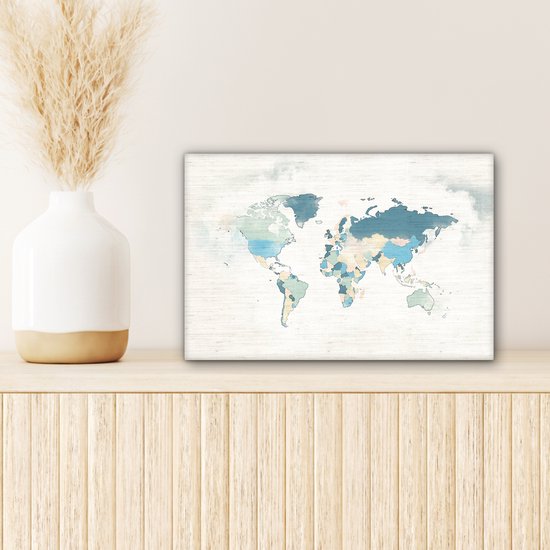 Wereldkaart avec des pays colorés avec des couleurs pastel sur fond avec motif texturé 30x20 cm