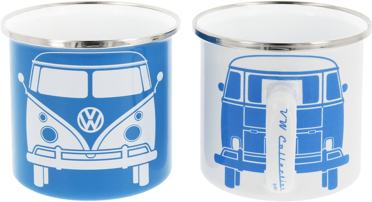 BRISA VW Collection - Volkswagen Set van 2 Geëmailleerde Koffie-Thee-Cappuccino-Kop-Mok-Haferl-Mok voor Camping & Buiten T1 Bus (350 ml x2/Zwart & Blauw)