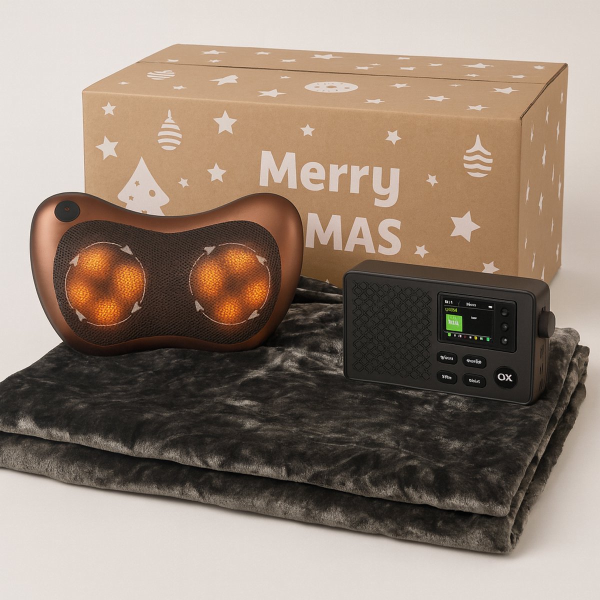 Kerstpakket - Dab Bluetooth Wekkerradio + Massage Kussen Apparaat + 1 Persoons Luxe Deken - Kerst Pakket Senioren - Cadeau Pakket Opa - Oma - Cadeaupakket - Relatiegeschenk