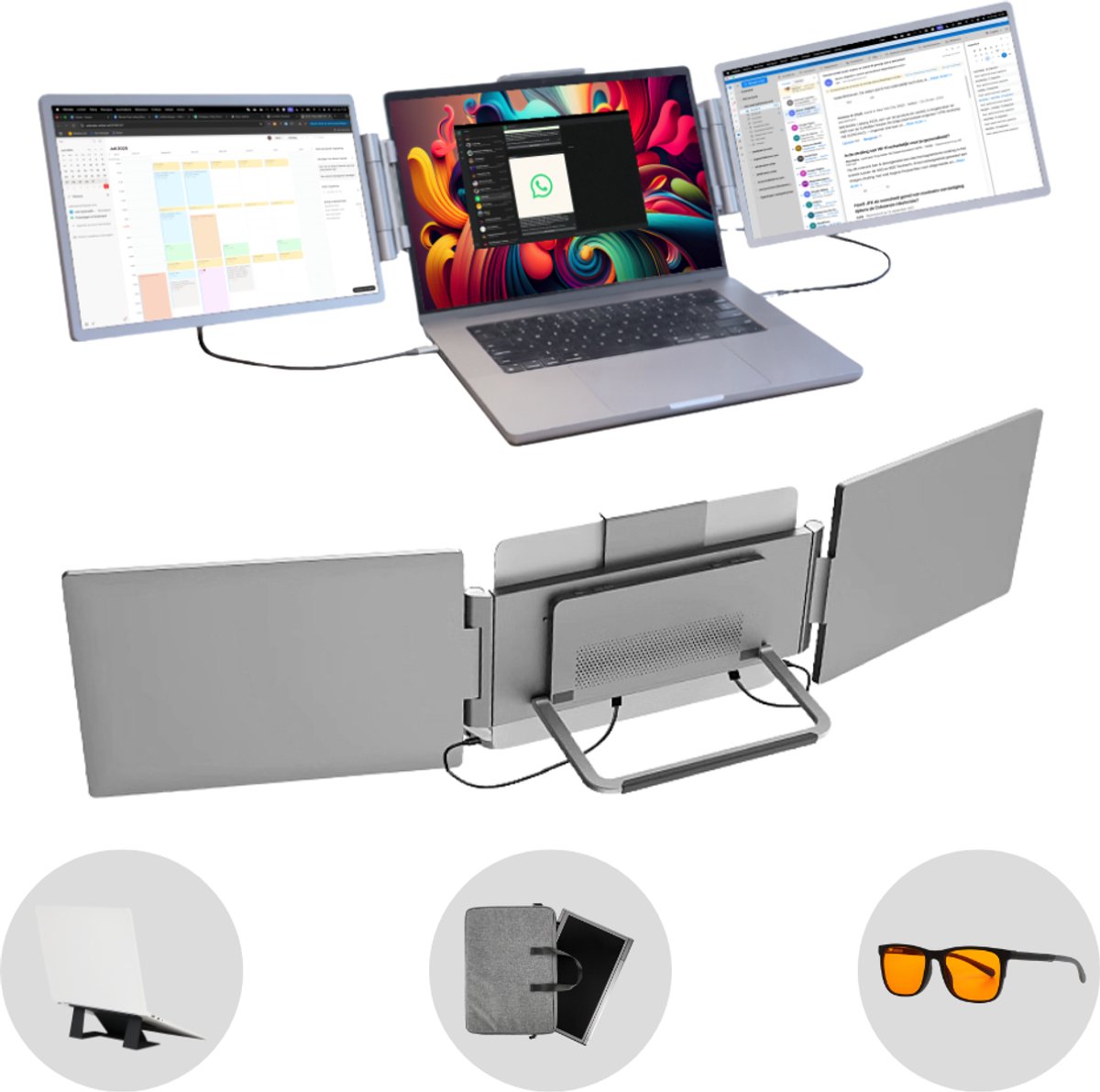 Blerron Tri-Screen - Portable Monitor - Beeldscherm - Monitoren - Scherm - Monitor - Inclusief Beschermhoes - 14" - 1920x1080P - 60 Hz- HDMI & USB-C - Zwart
