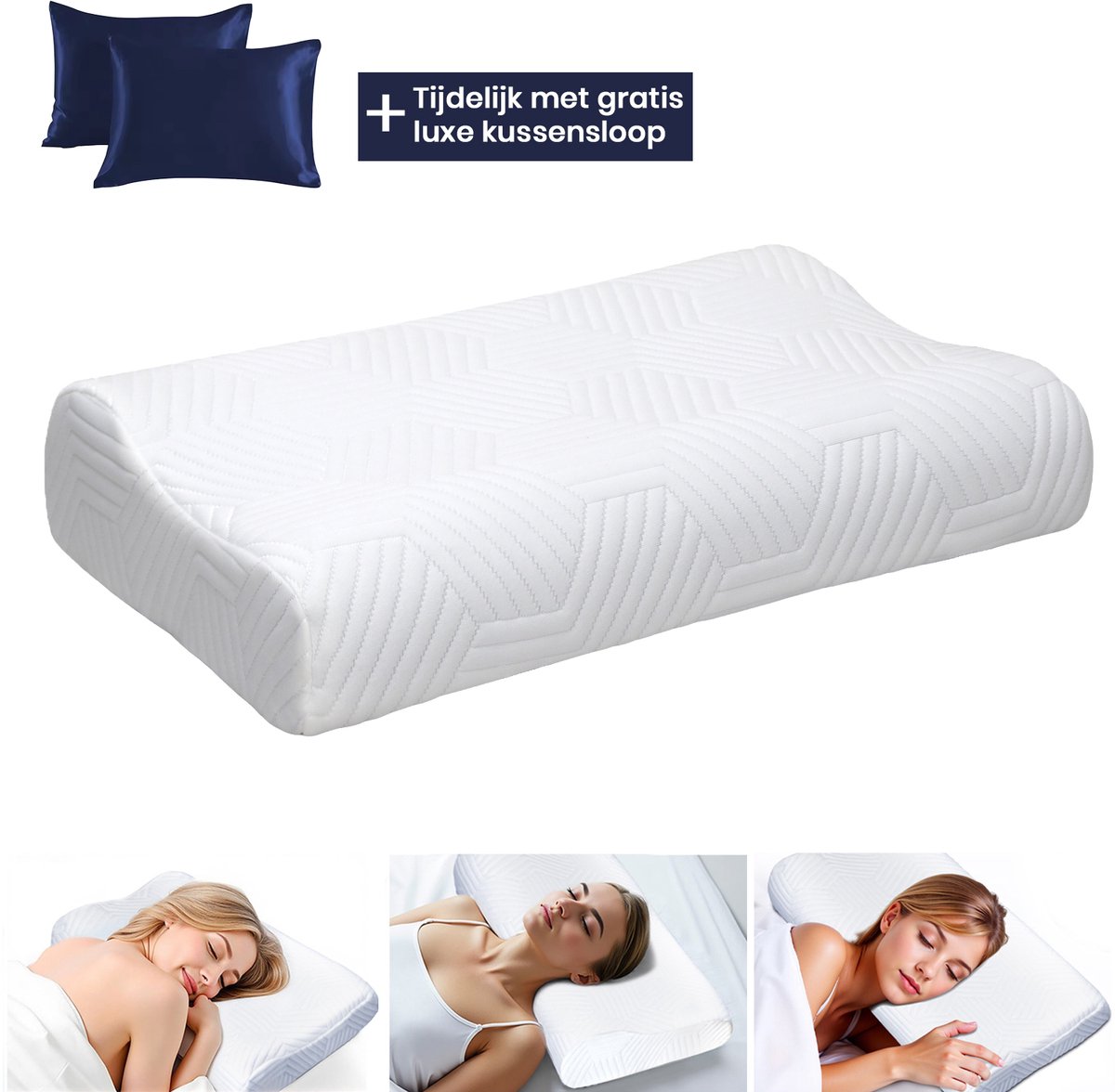 ErgoLuxe Alura – Ergonomisch Kussen – Hoofdkussen met Neksteun voor Zij- & Rugslapers – 2 Hoogtes 8/10 cm – Verkoelende Werking – Traagschuim Kussen – Inclusief Kussensloop Wit