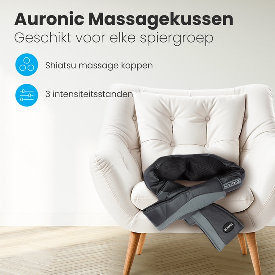 Zwart/grijs massagekussen met 8 Shiatsu massagekoppen, geschikt voor elke spiergroep, met 3 intensiteitsstanden.