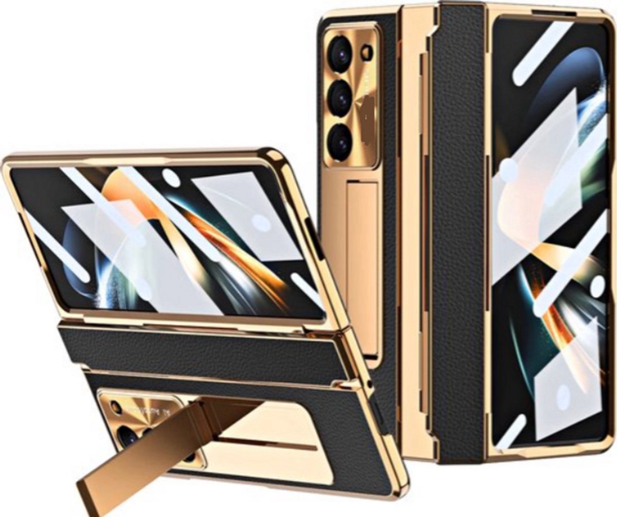 Super Stevige Luxe Leren Standcase Geschikt voor Samsung Galaxy Z Fold 6 - Plating Hinge Beschermhoes met Voorste Schermfolie, Verstelbare Standfunctie, Anti-Slip Hoes, en Schokbestendige Telefoon Bescherming
