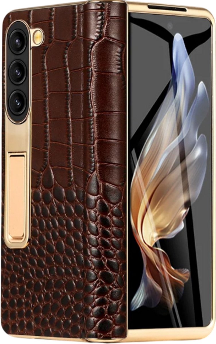 Echt Leren Telefoonhoes Geschikt voor Samsung Galaxy Z Fold 5 - Back Cover met Gelaagd Glazen Spiegelfolie, Schokbestendige Bescherming en Luxe Design , telefoon bescherming , telefoon accessoire